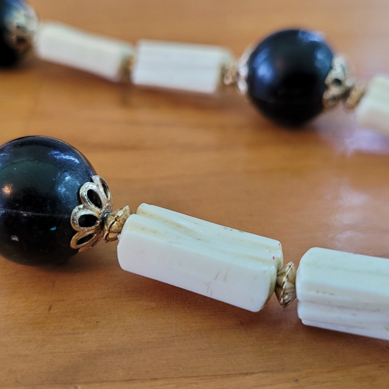 Vintage 1960s Mod Black White Lucite Bead Necklace Filigree Caps Hong Kong 30